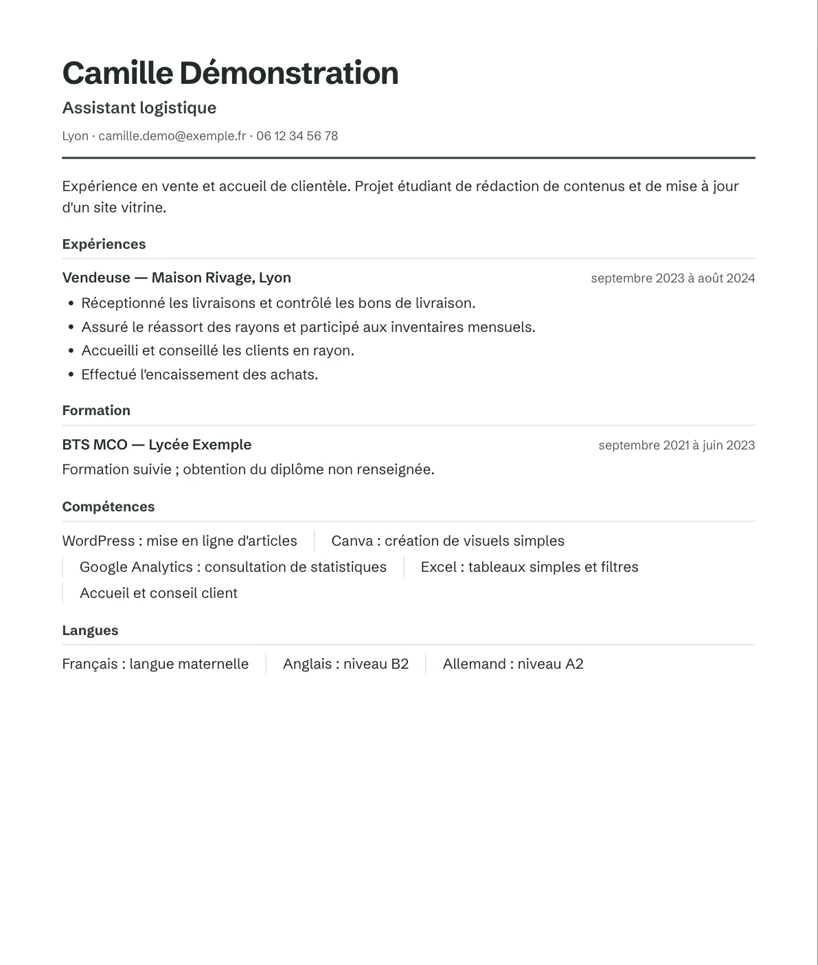 CV fictif exporté dans la présentation Essentiel