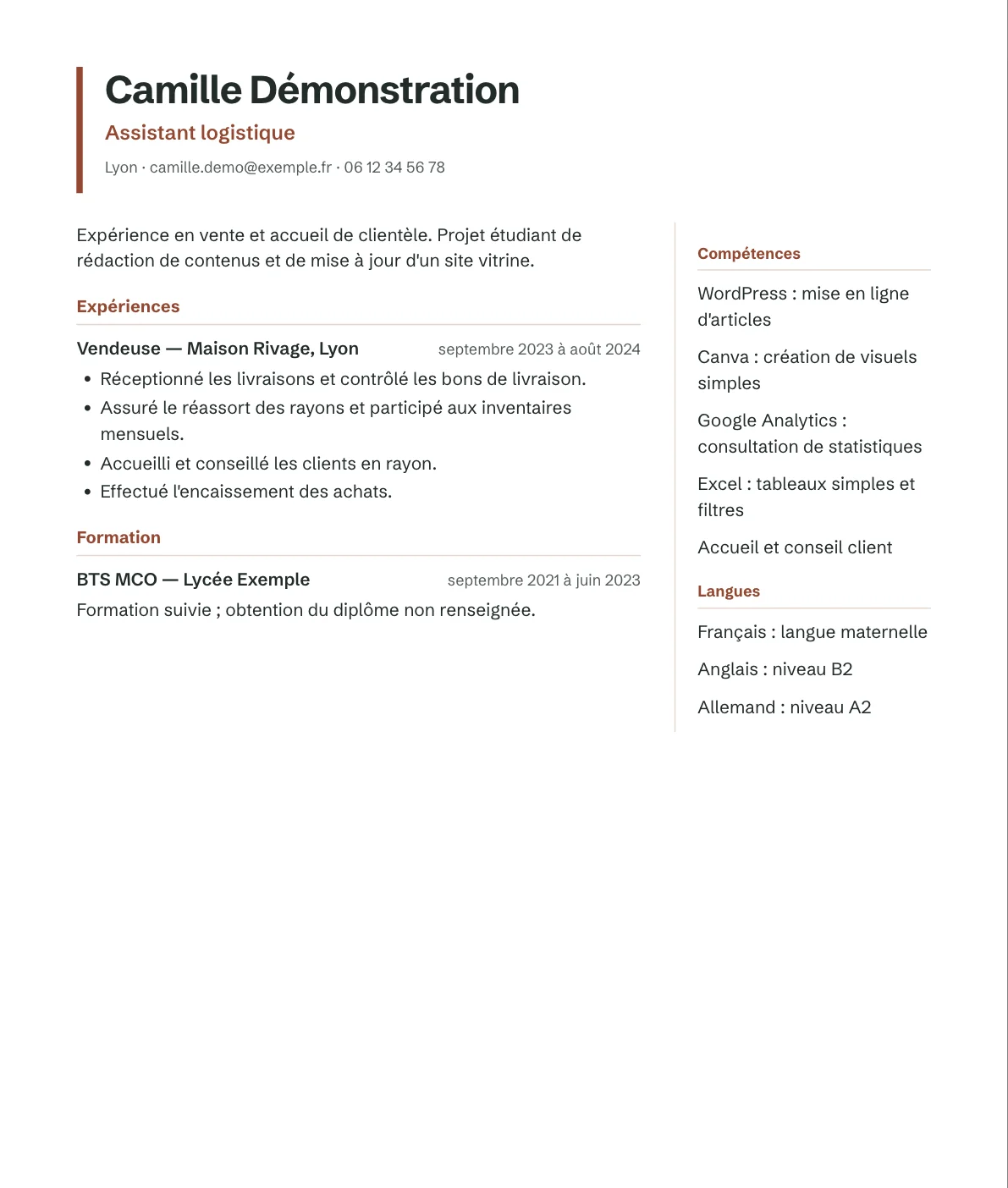 CV fictif exporté dans la présentation Perspective
