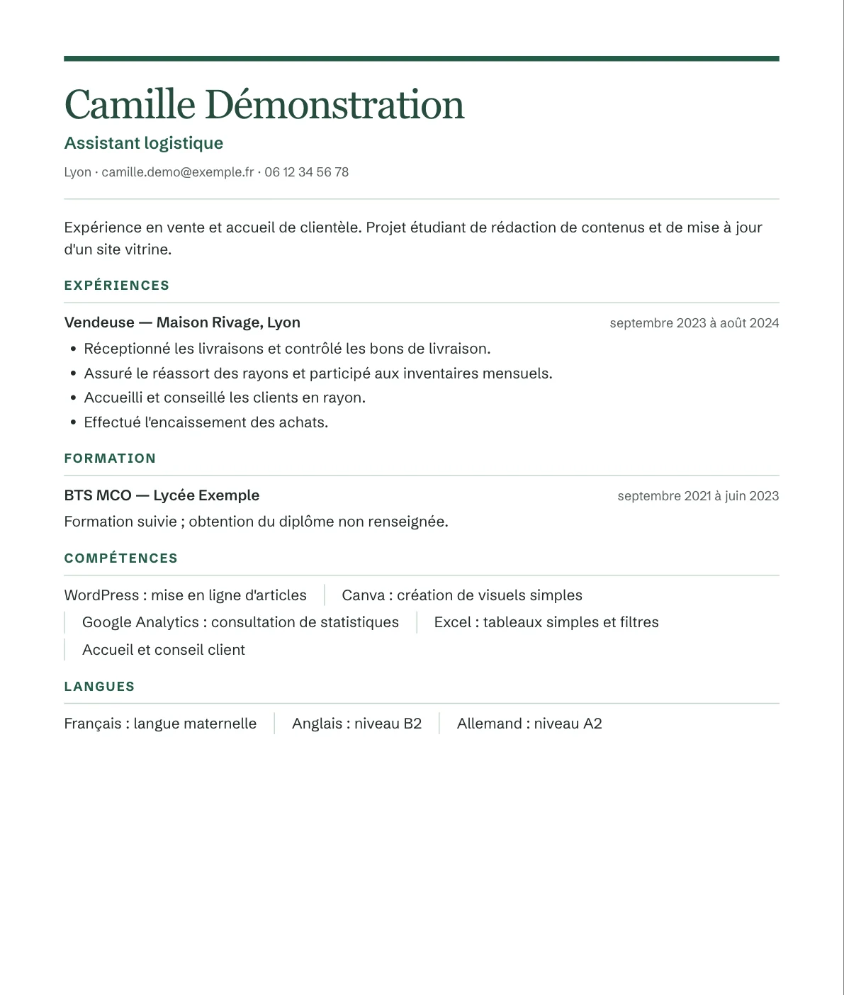 CV fictif exporté dans la présentation Signature