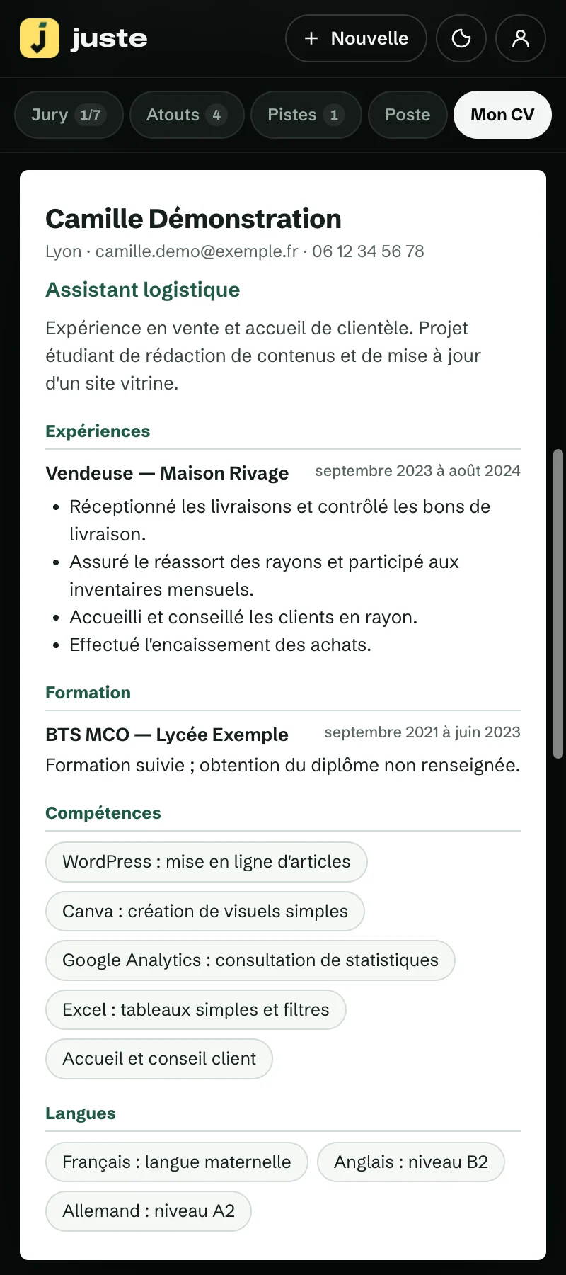 Le CV adapté à l’offre, prêt à relire avant l’export PDF