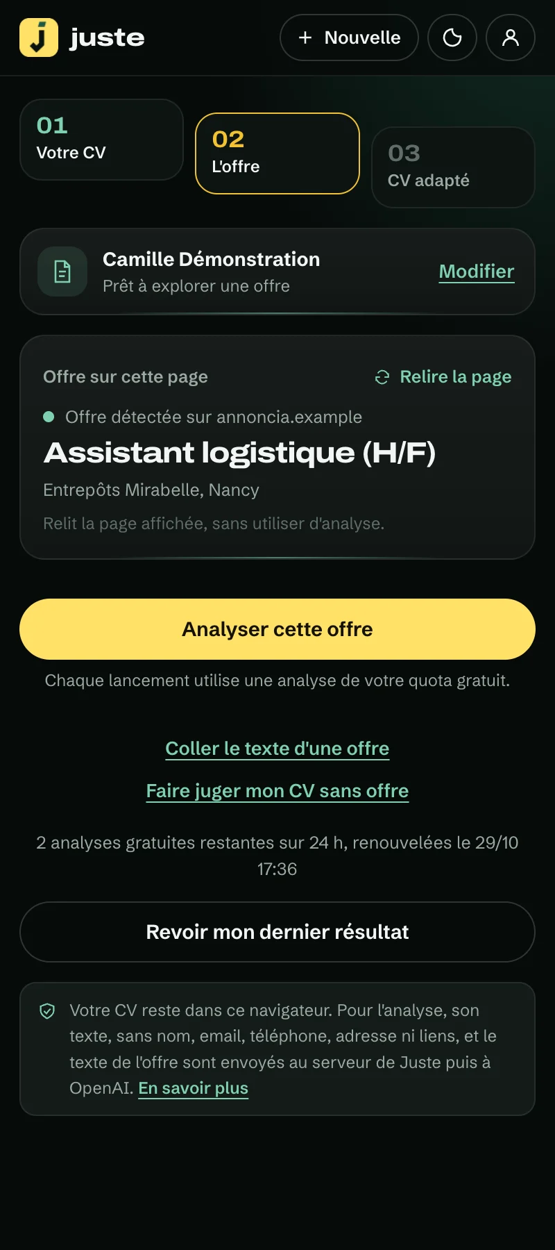 Le panneau détecte l’offre affichée : Assistant logistique, Entrepôts Mirabelle